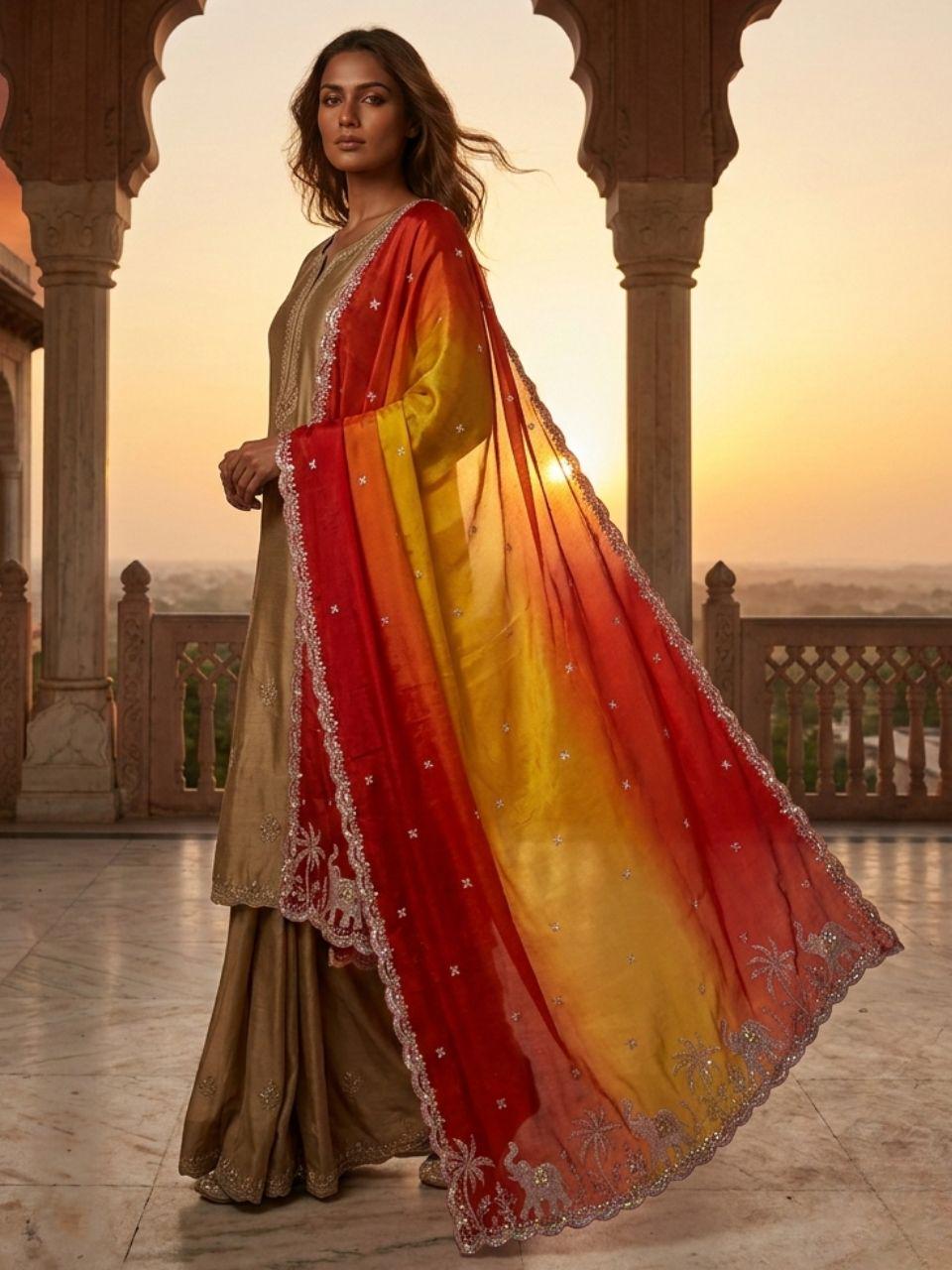 Elephant Embroidered Shaded Glass Tissue Dupatta stole/shawl
