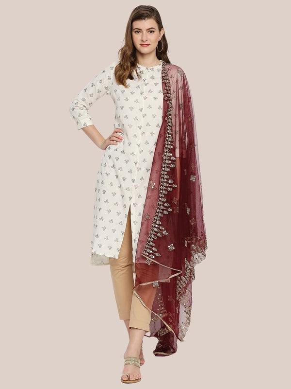 Gold Embroidered & Embellished Net Dupatta Burgundy