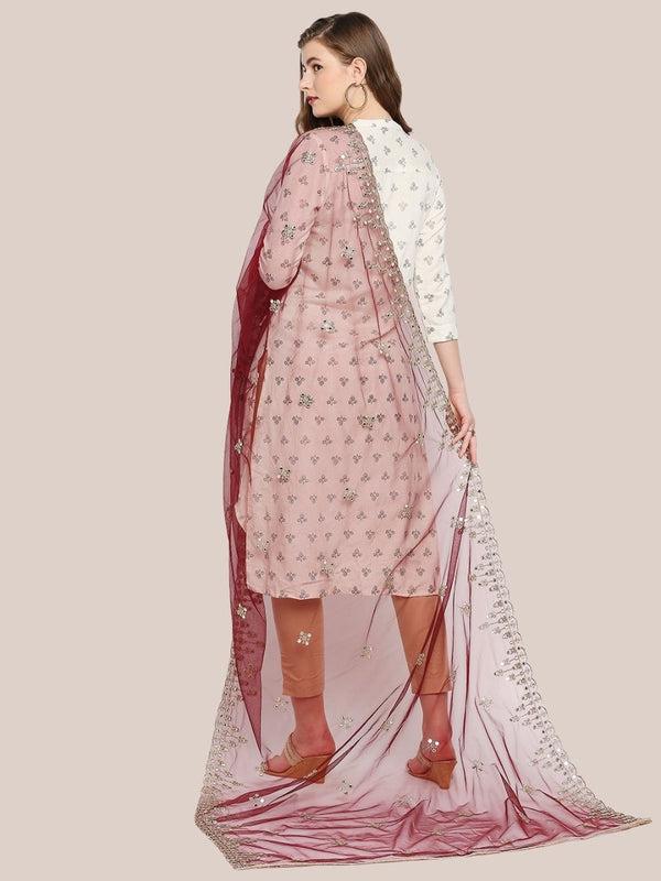 Gold Embroidered & Embellished Net Dupatta Burgundy