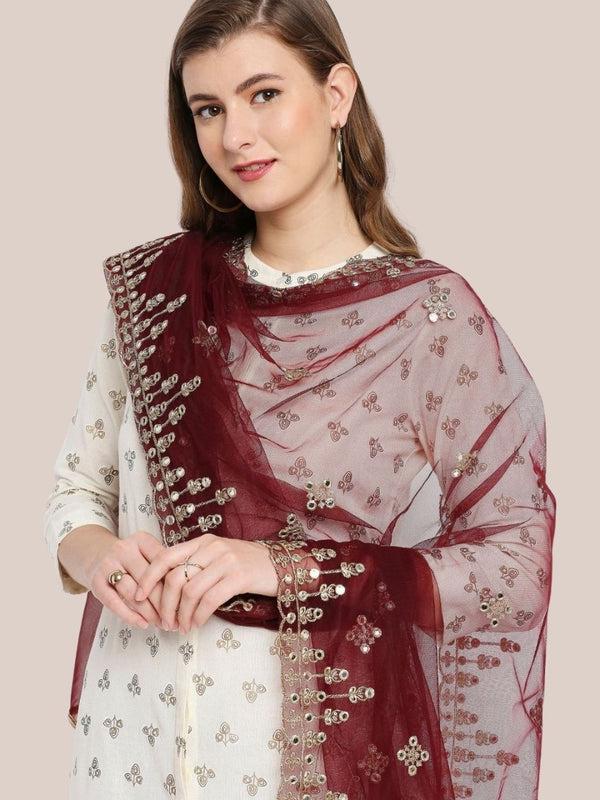 Gold Embroidered & Embellished Net Dupatta Burgundy