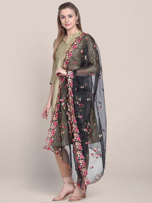 Organza Dupatta with Multicolor Floral Embroidery stole/shawl