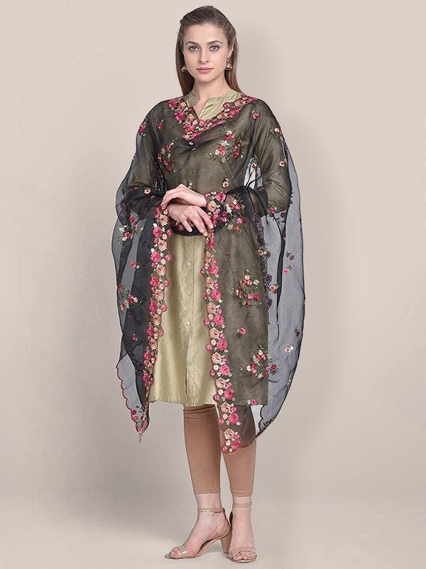 Organza Dupatta with Multicolor Floral Embroidery stole/shawl