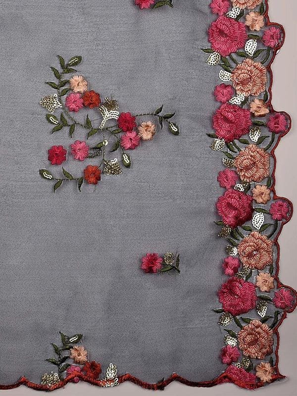 Organza Dupatta with Multicolor Floral Embroidery stole/shawl