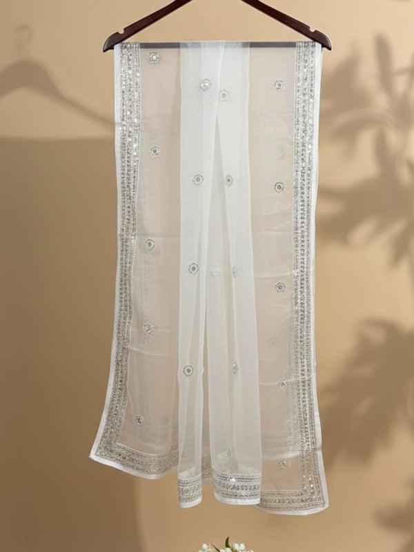 Sequinned & Embellished Salma Sitara White Organza Dupatta