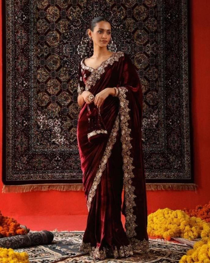 Velvet Designer Saree with golden embroidery border