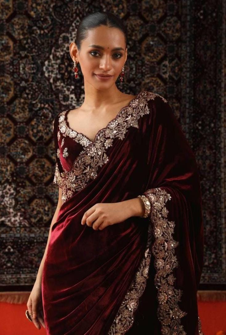 Velvet Designer Saree with golden embroidery border