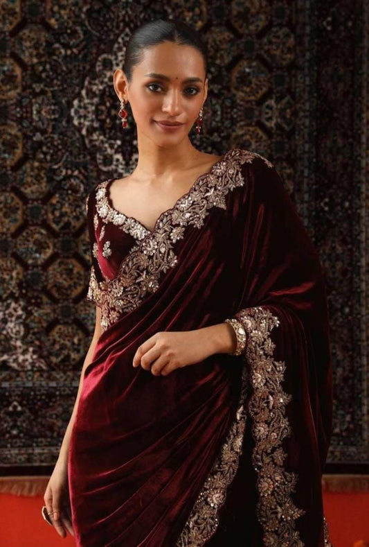 Velvet Designer Saree with golden embroidery border