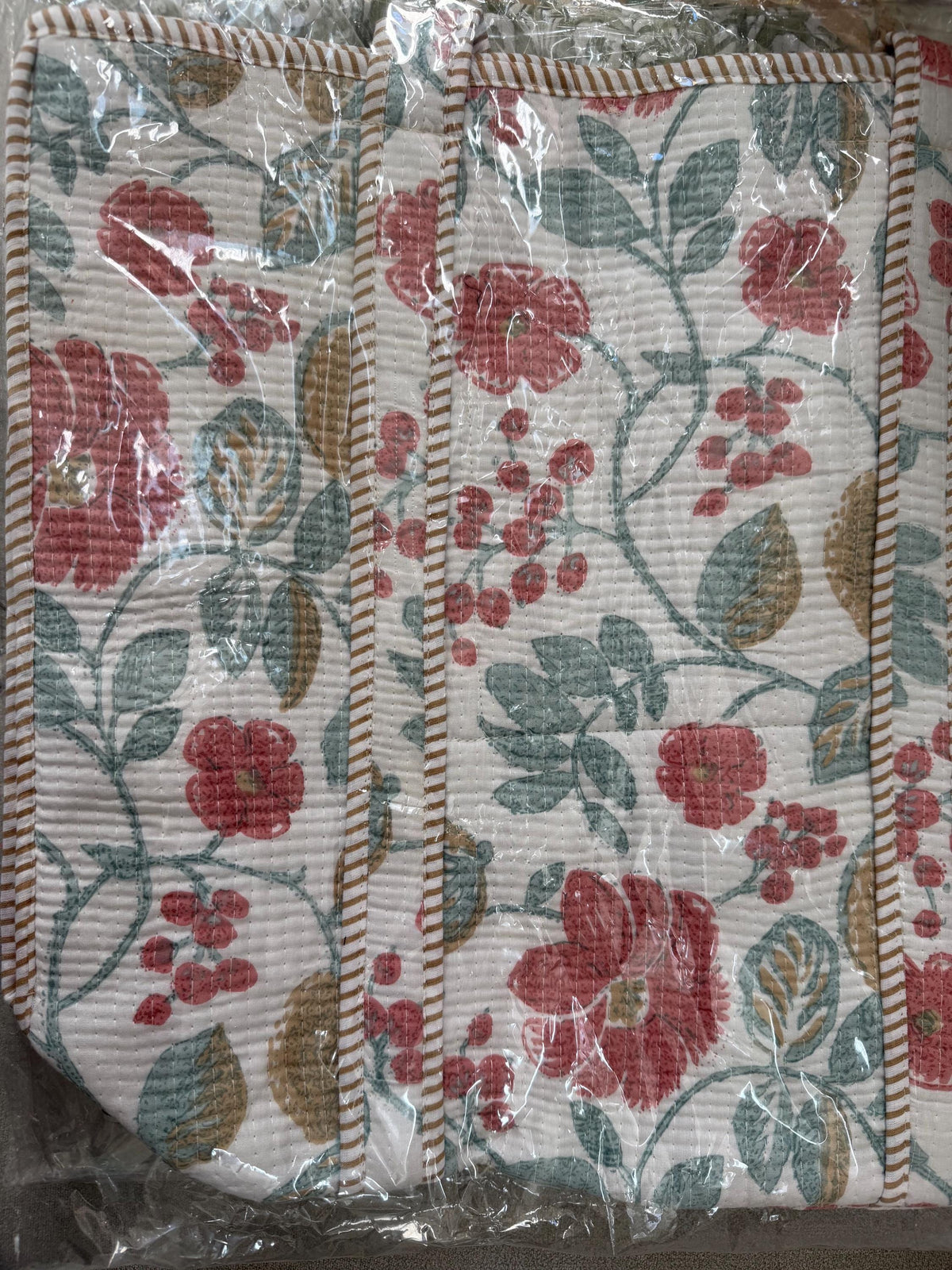 Quilted Cotton Tote Bag: Floral Bird Print, Large Capacity Shoulder Bag