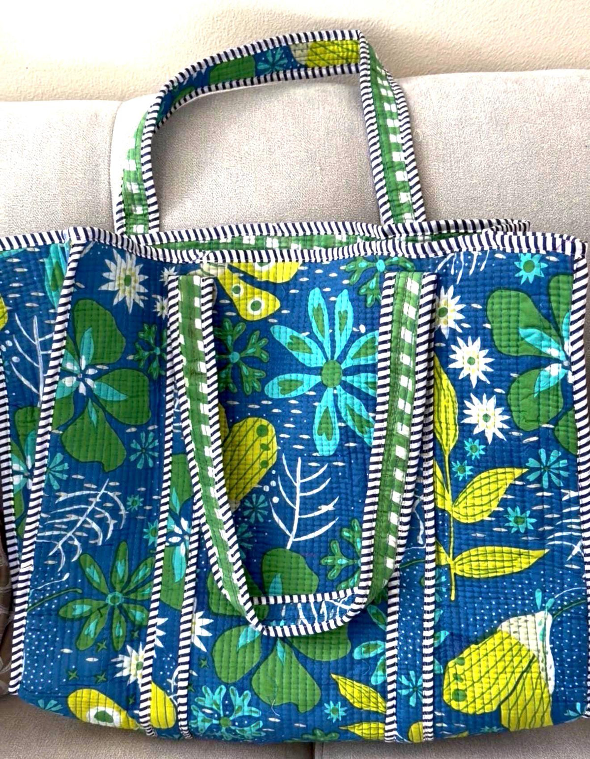 Quilted Cotton Tote Bag: Floral Bird Print, Large Capacity Shoulder Bag