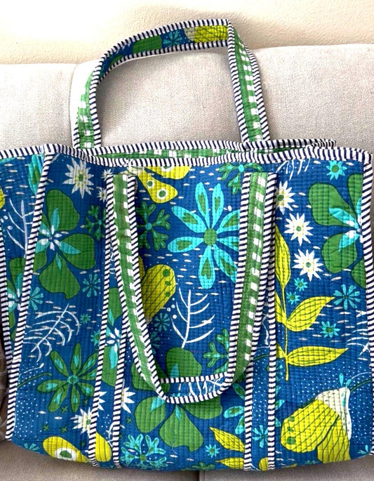 Quilted Cotton Tote Bag: Floral Bird Print, Large Capacity Shoulder Bag