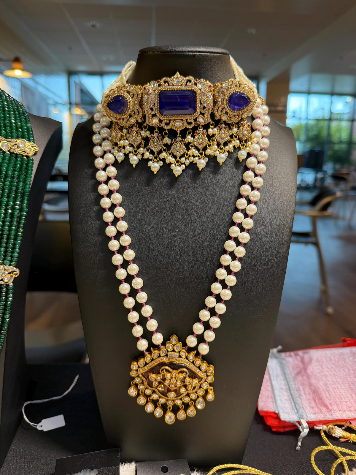 Violet Doublet Stone, Polki, Pearls: Antique Gold polished with American Diamonds necklace set choker