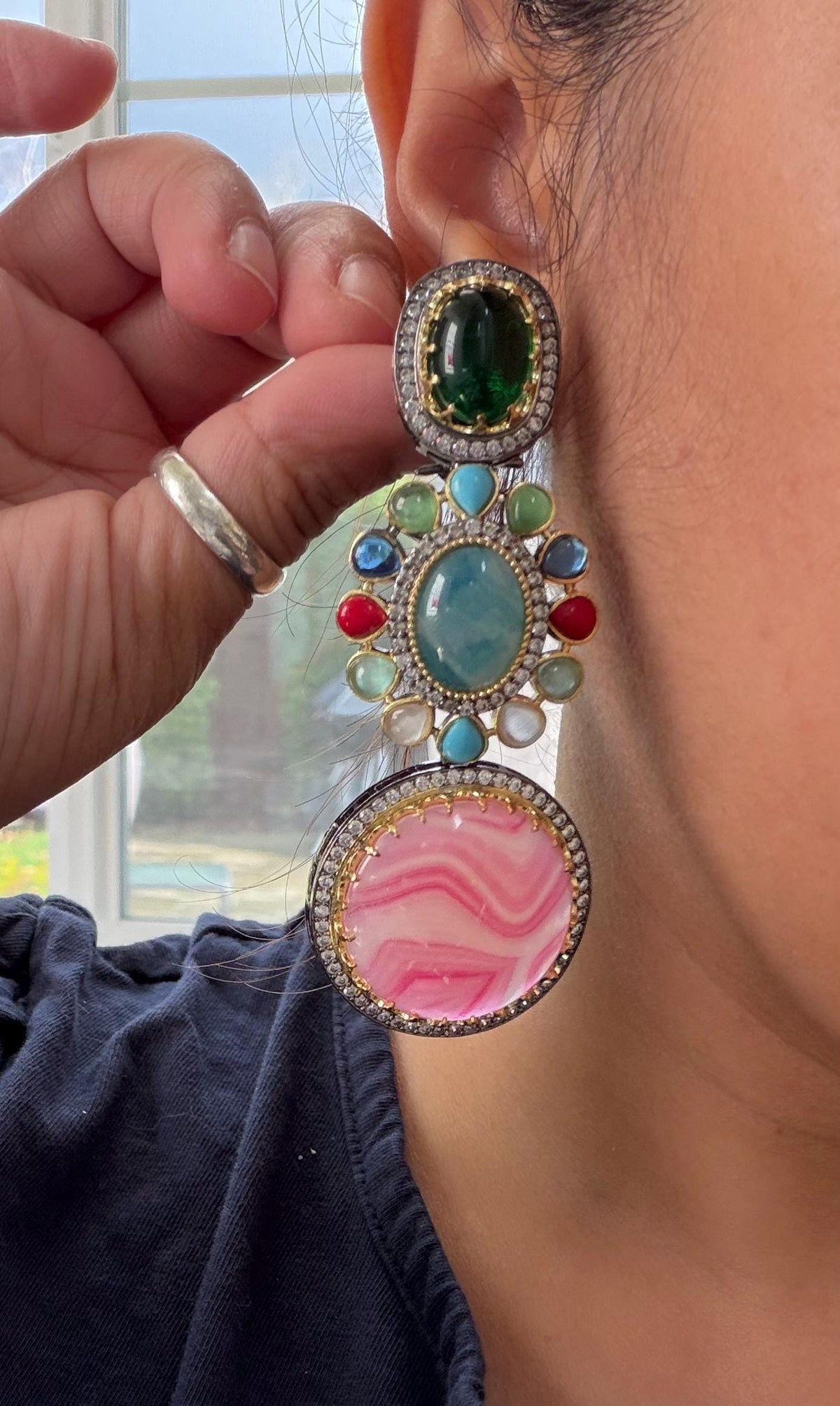 Polki and semiprecious stone earrings with American diamonds Sabya inspired