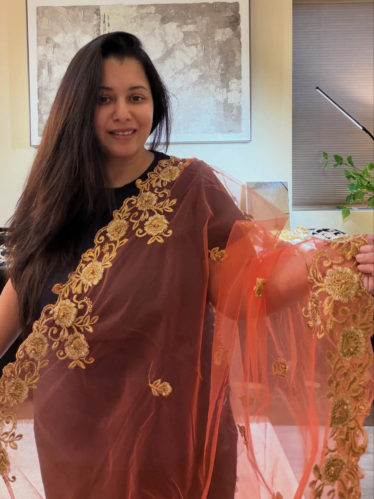 Peach Embroidered Net Dupatta with Cutwork stole/shawl