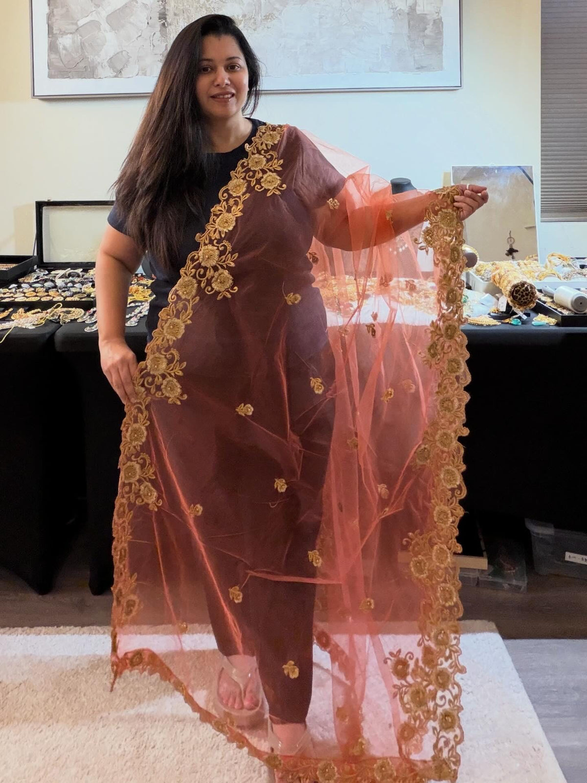 Peach Embroidered Net Dupatta with Cutwork stole/shawl