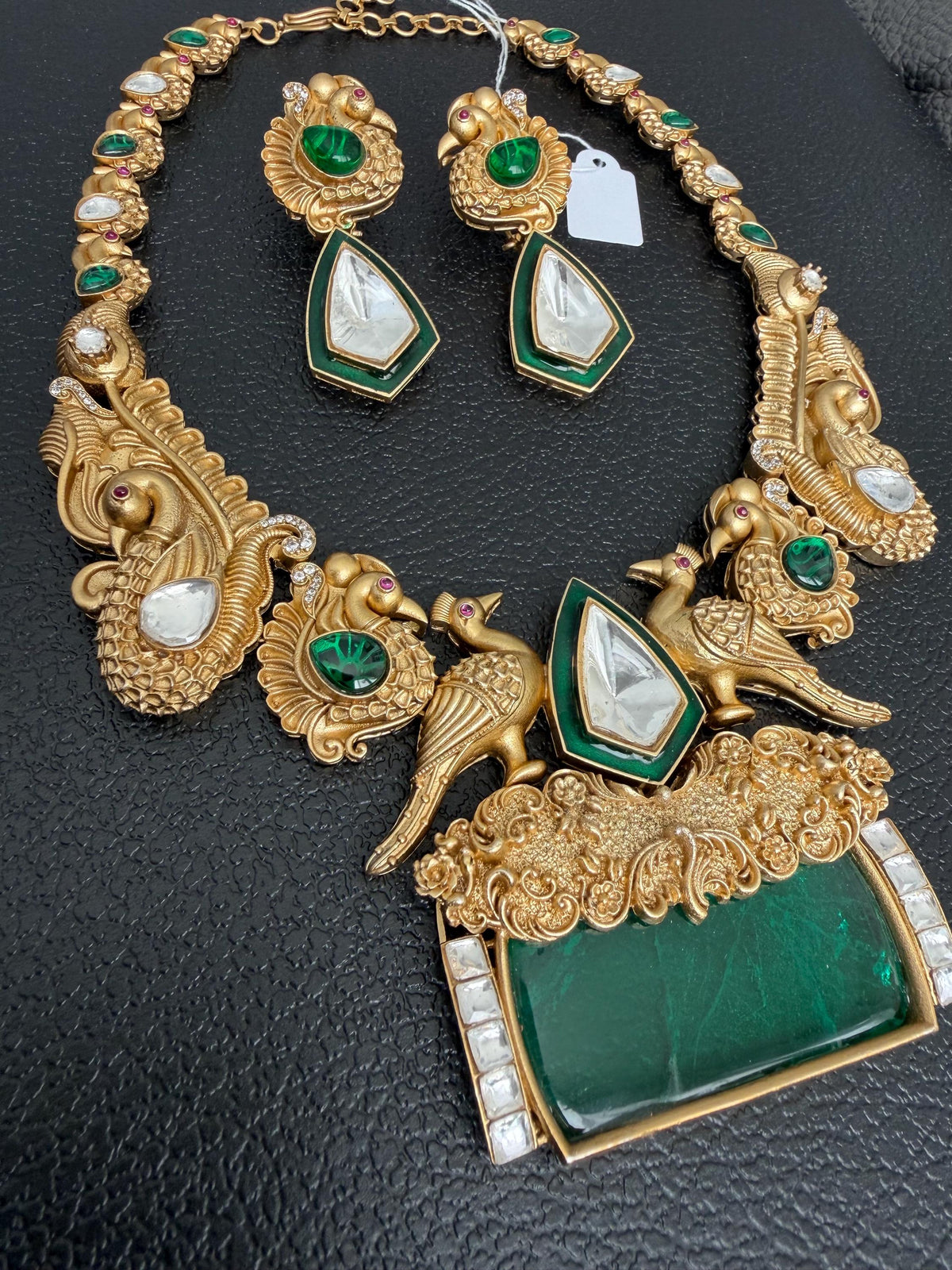 Semiprecious doublet stone necklace set with Mossanite, polki American diamonds adjustable gold polished hand crafted