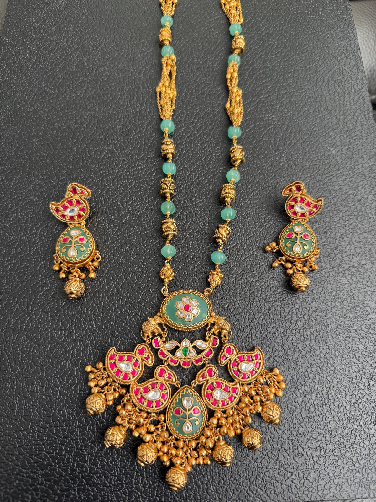 Heritage collection semiprecious stones with gold inlay work long necklace set chain pendant style handcrafted