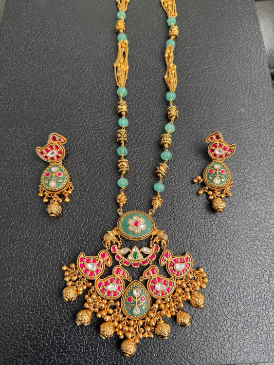 Heritage collection semiprecious stones with gold inlay work long necklace set chain pendant style handcrafted