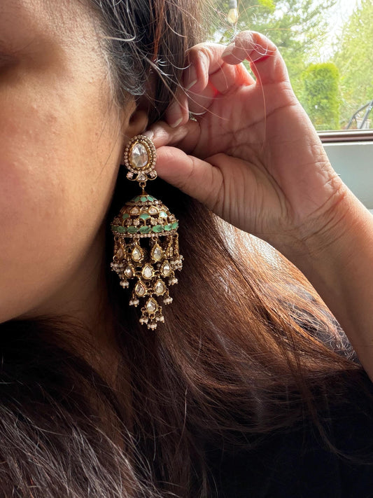 Real mossanite and semiprecious stone and enamel work jhumka earrings with American diamonds Sabya inspired