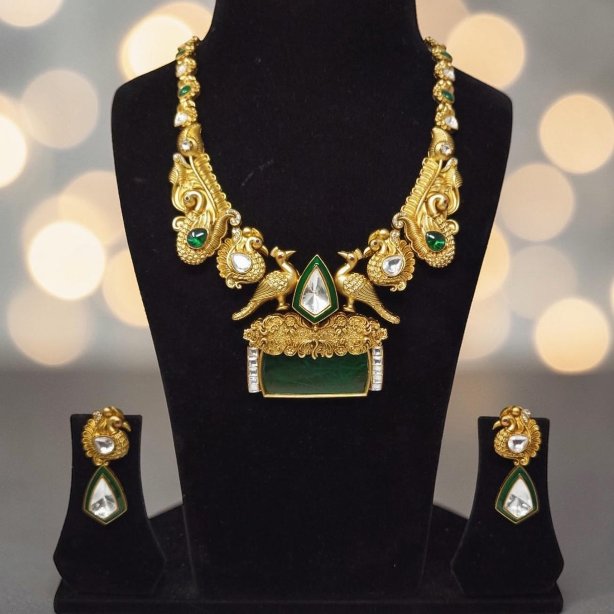 Semiprecious doublet stone necklace set with Mossanite, polki American diamonds adjustable gold polished hand crafted
