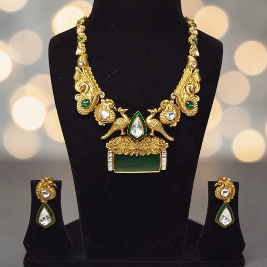 Semiprecious doublet stone necklace set with Mossanite, polki American diamonds adjustable gold polished hand crafted