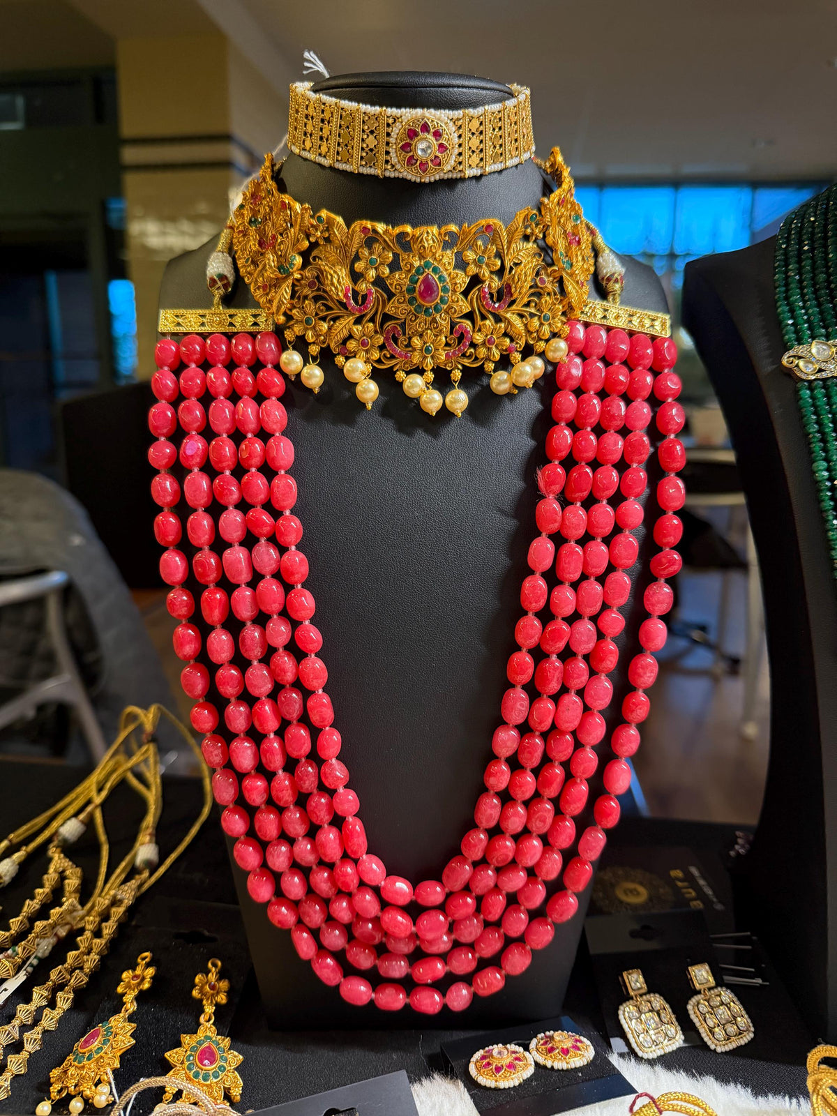 Beaded 5 Layered Necklace Set: Bollywood Style Gold Polished Jewelry