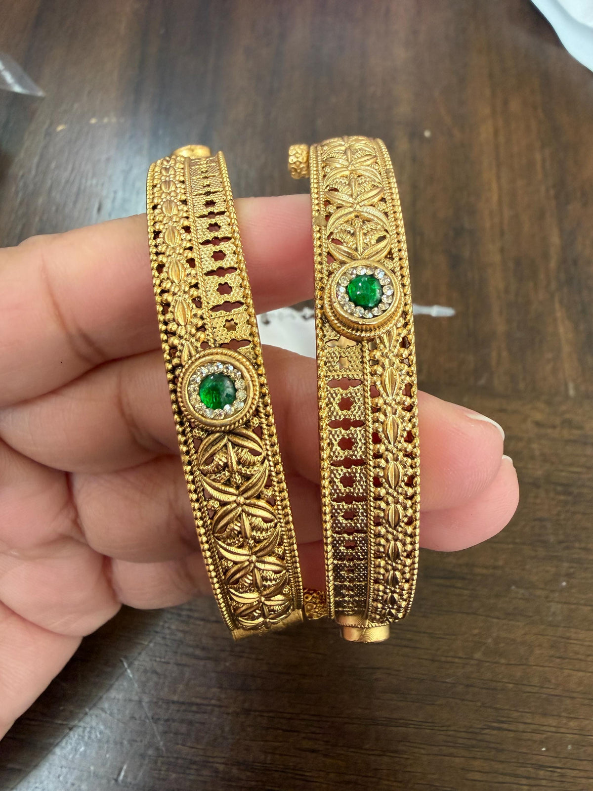 Handmade Antique Gold bangles set of 2 openable with jadau and american diamonds