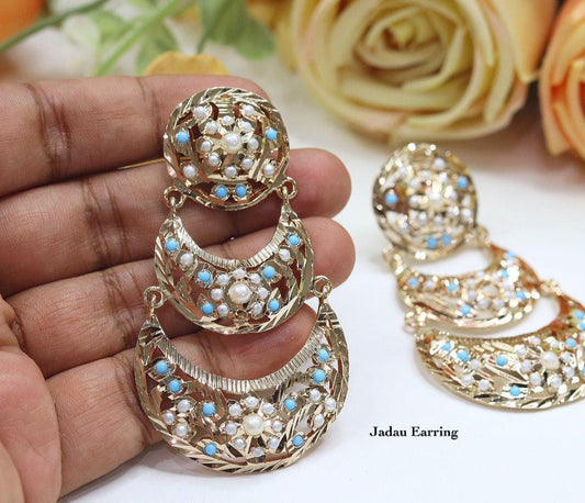 Handcrafted Jadau earrings, premium, with pearls and semiprecious stones, gold-plated