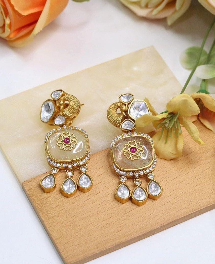 Polki and semiprecious stone earrings with American diamonds Sabya inspired