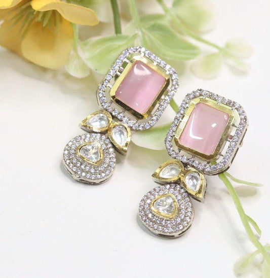 Polki and semiprecious stone earrings with American diamonds Sabya inspired two tone polish