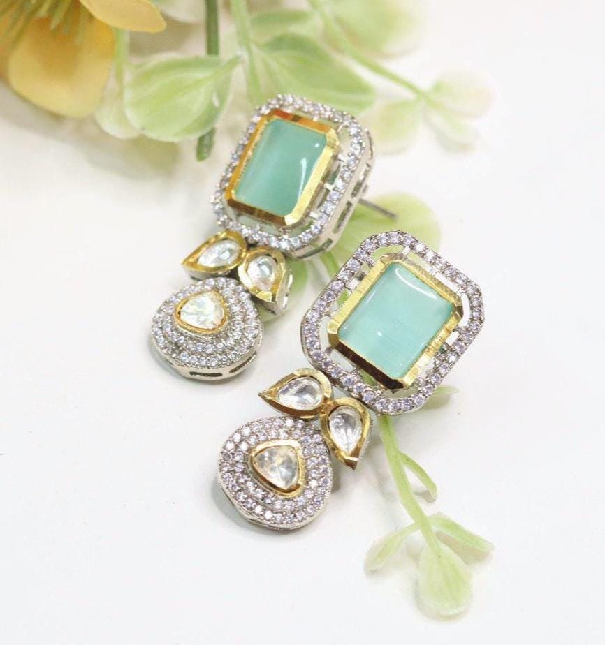 Polki and semiprecious stone earrings with American diamonds Sabya inspired two tone polish