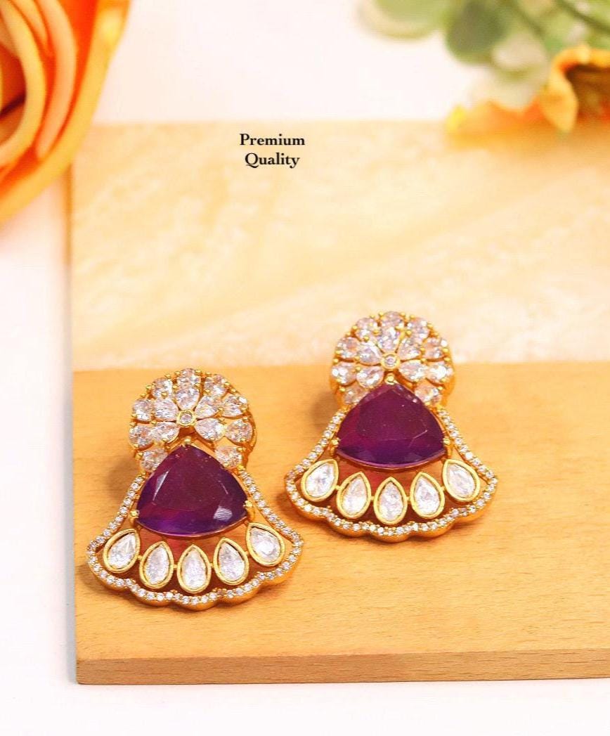 Polki and semiprecious stone earrings with American diamonds Sabya inspired