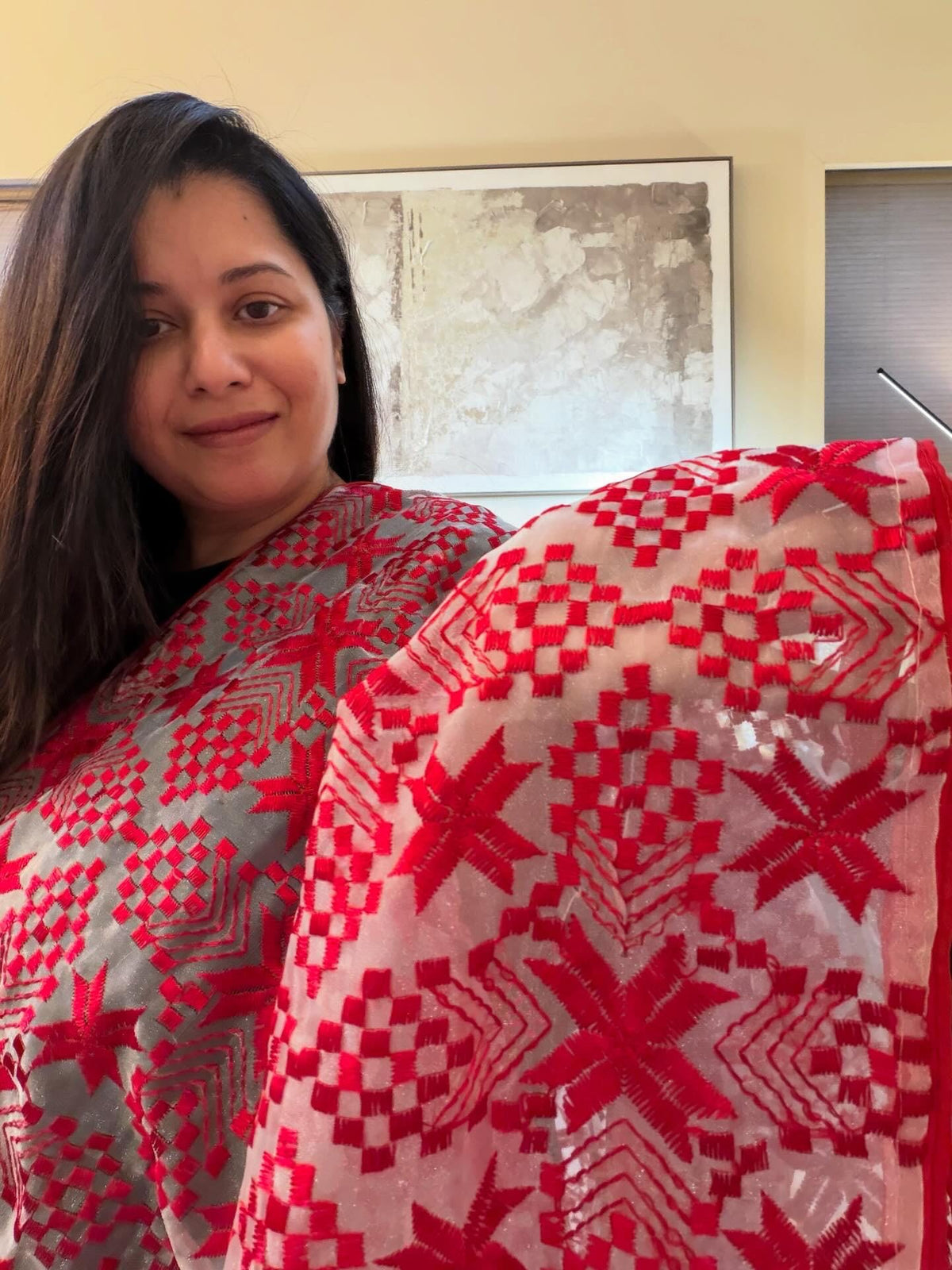 Women's Embroidered Organza Dupatta with Red Phulkari Embroidery stole