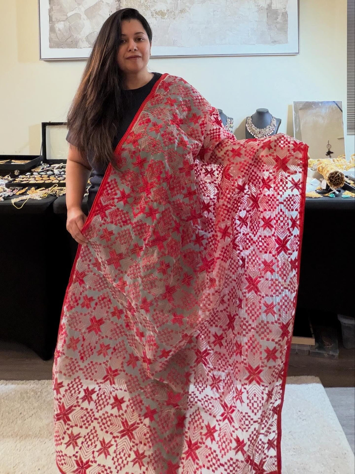 Women's Embroidered Organza Dupatta with Red Phulkari Embroidery stole