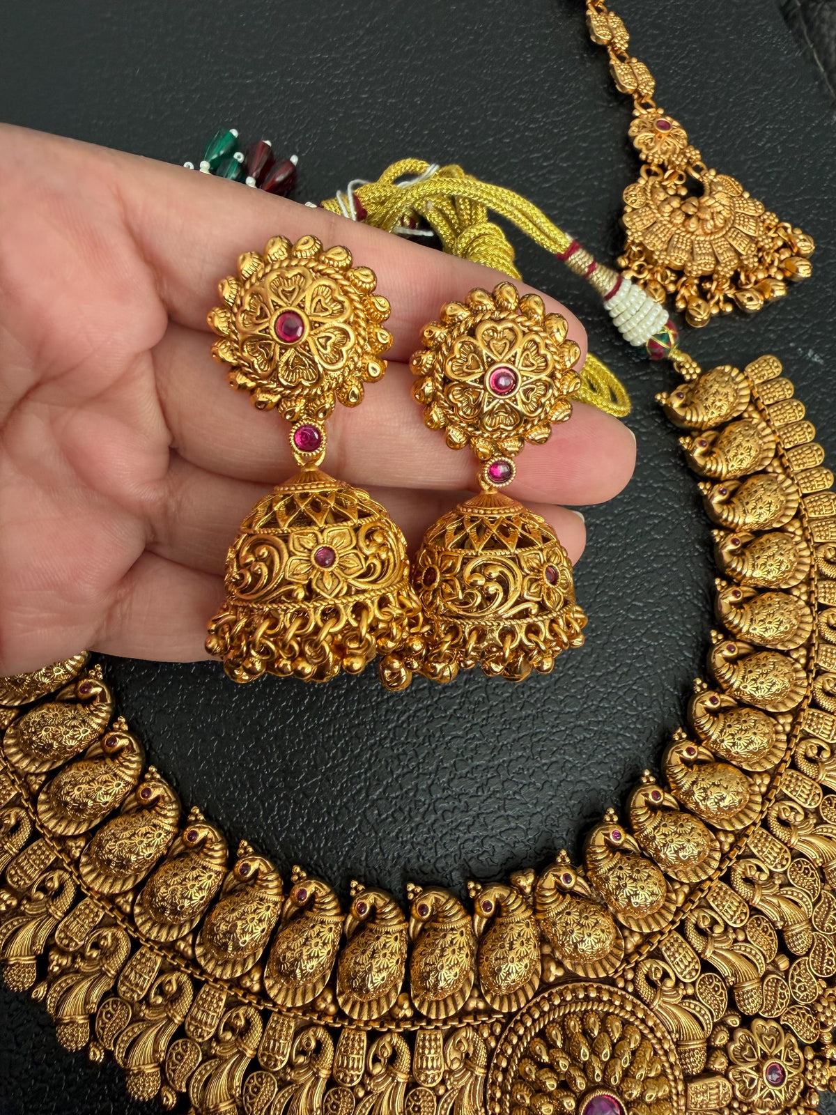 Bridal Handcrafted Antique Gold Polished Necklace Set, Real Gold Copy