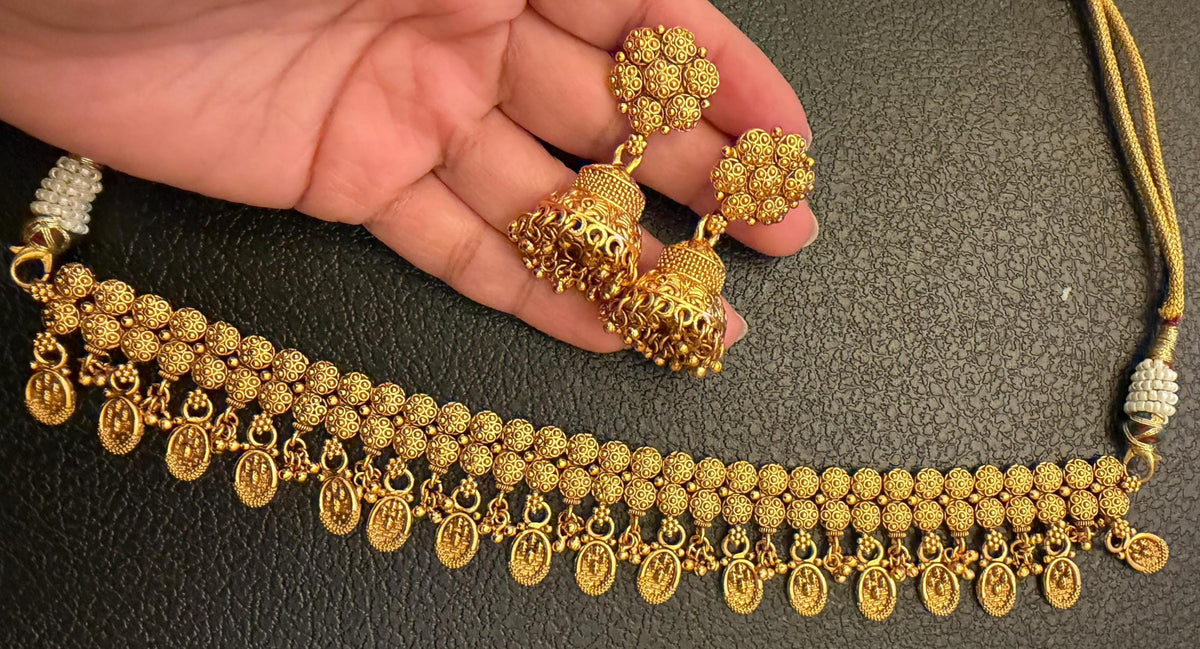 Handcrafted Choker Necklace Set, Antique Gold Look-Alike, Real Gold Copy