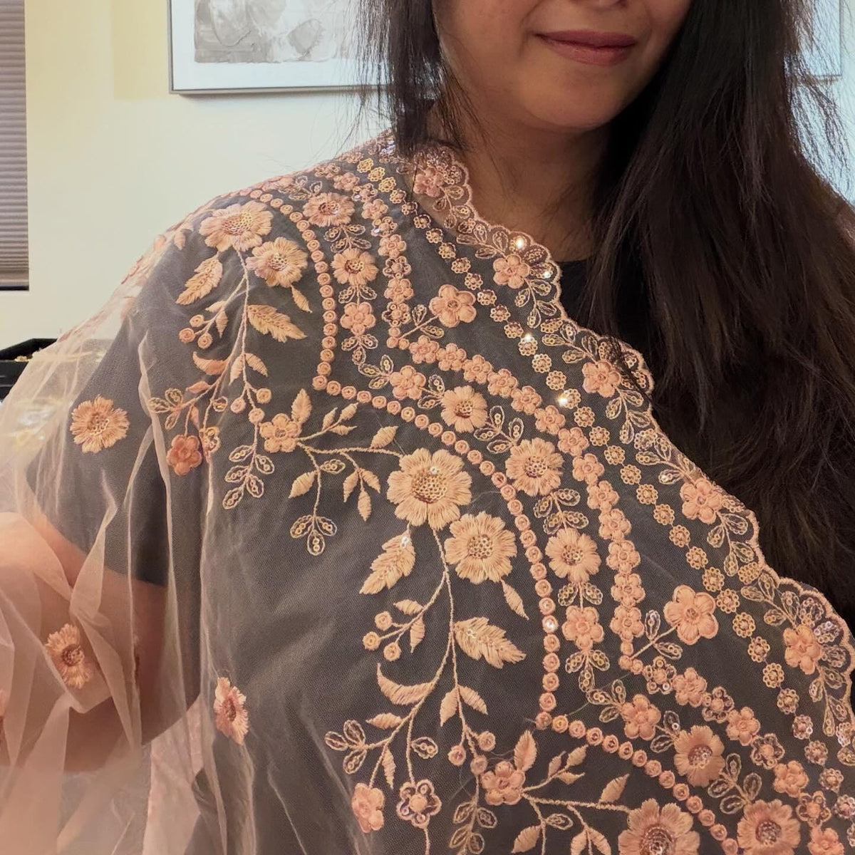Embroidered Net Dupatta with Intricate Cutwork Border stole/shawl