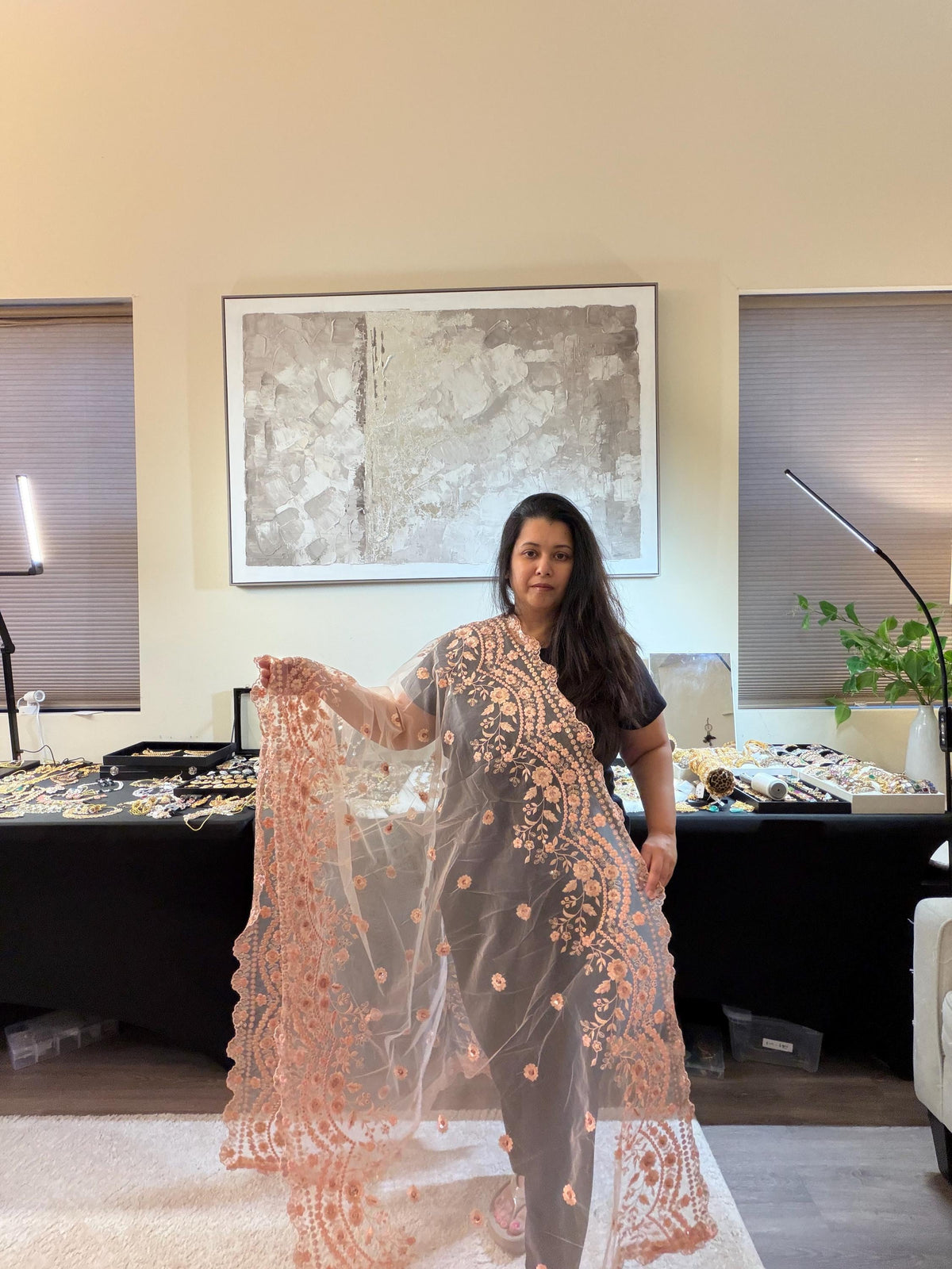 Embroidered Net Dupatta with Intricate Cutwork Border stole/shawl