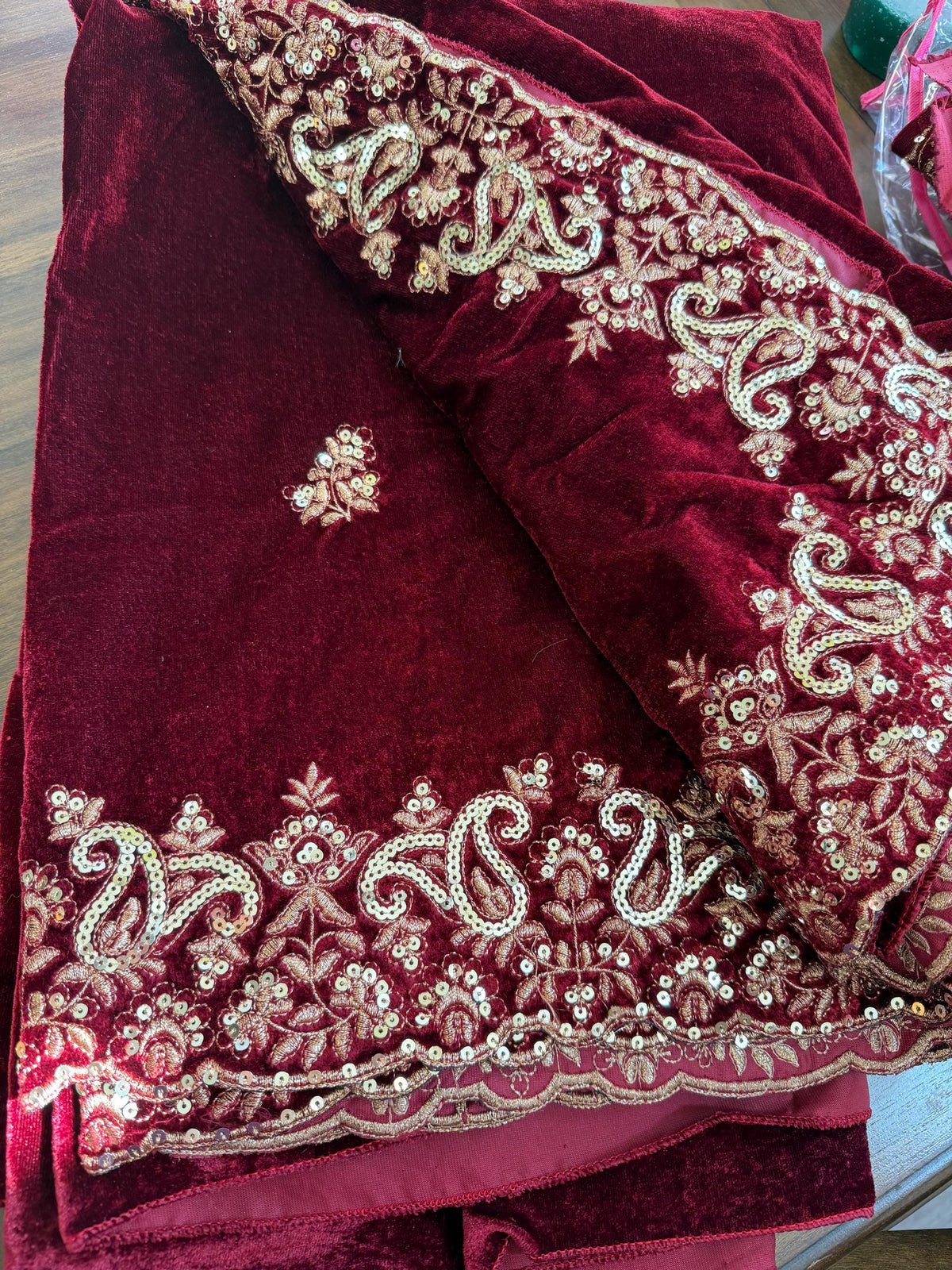 Velvet Designer Saree with golden embroidery border