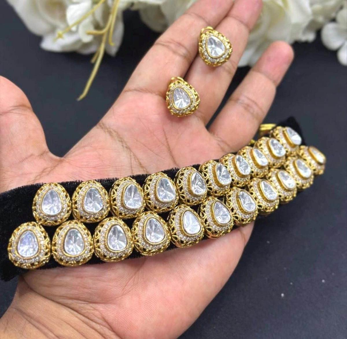 Mossanite, polki American diamonds, adjustable gold, polished, handcrafted, set on black super soft velvet choker necklace set