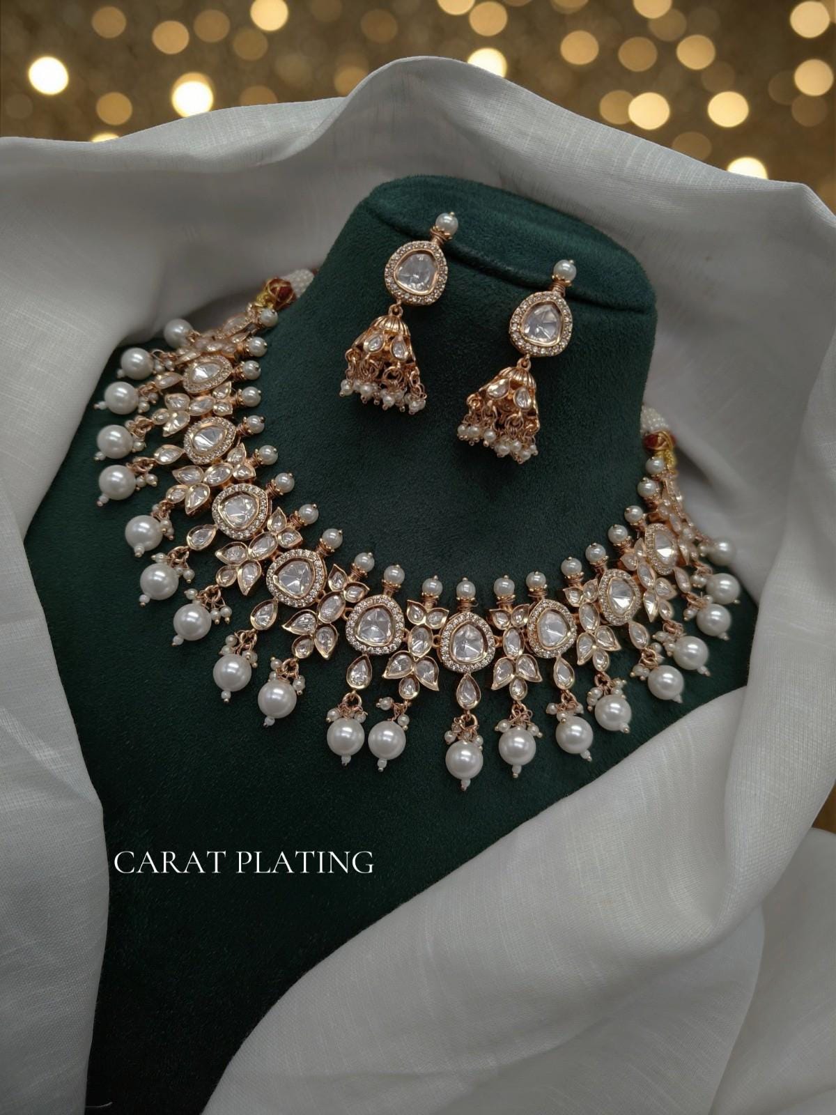 Gold Plated Necklace Set, Real Moissanite Polki Diamonds, Bollywood Style