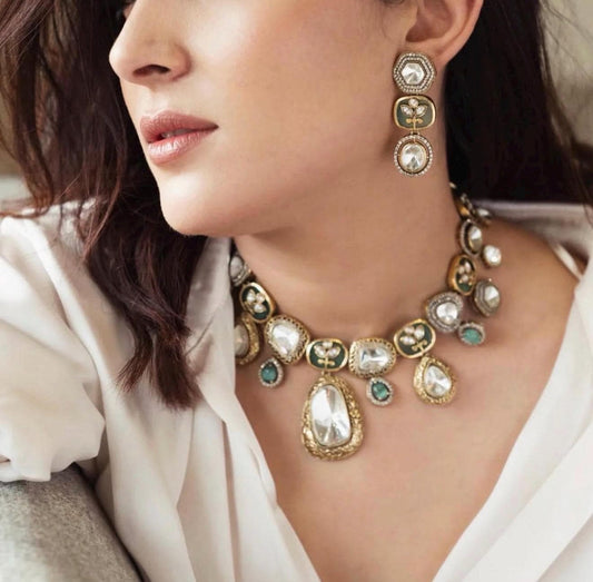 Green Doublet Stone, Polki: Antique Gold polished with American Diamonds necklace set sabyasachi inspired