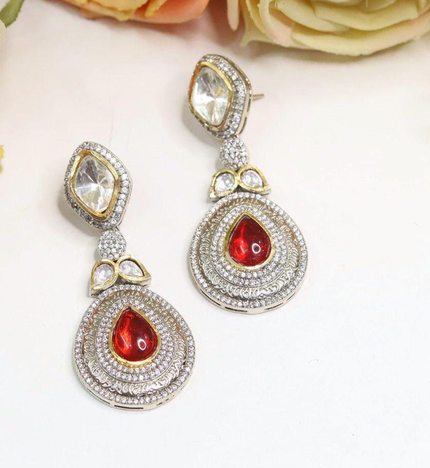 Polki and semiprecious stone earrings with American diamonds Sabya inspired two tone polish