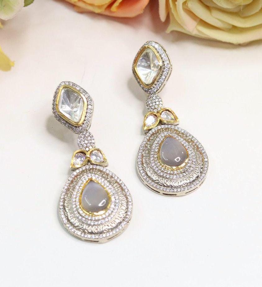 Polki and semiprecious stone earrings with American diamonds Sabya inspired two tone polish