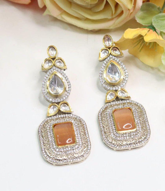 Polki and semiprecious stone earrings with American diamonds Sabya inspired two tone polish