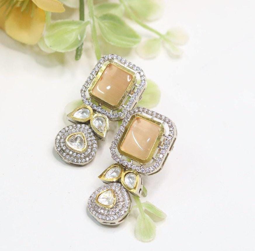 Polki and semiprecious stone earrings with American diamonds Sabya inspired two tone polish