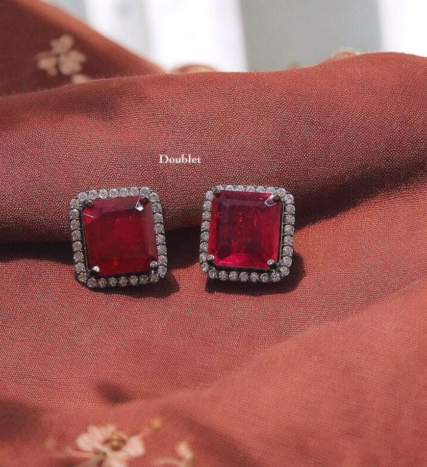 Doublet stone earrings with American diamonds Sabya inspired small stud earrings