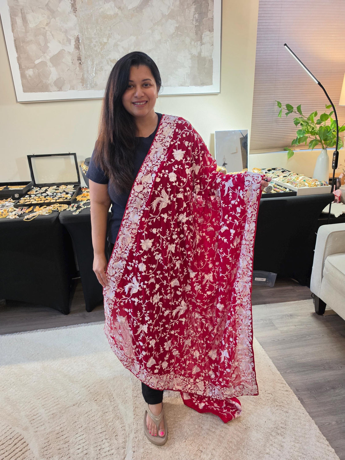 Machine Embroidered Parsi Gara Work Georgette Dupatta White Thread Work Red Stole/Shawl