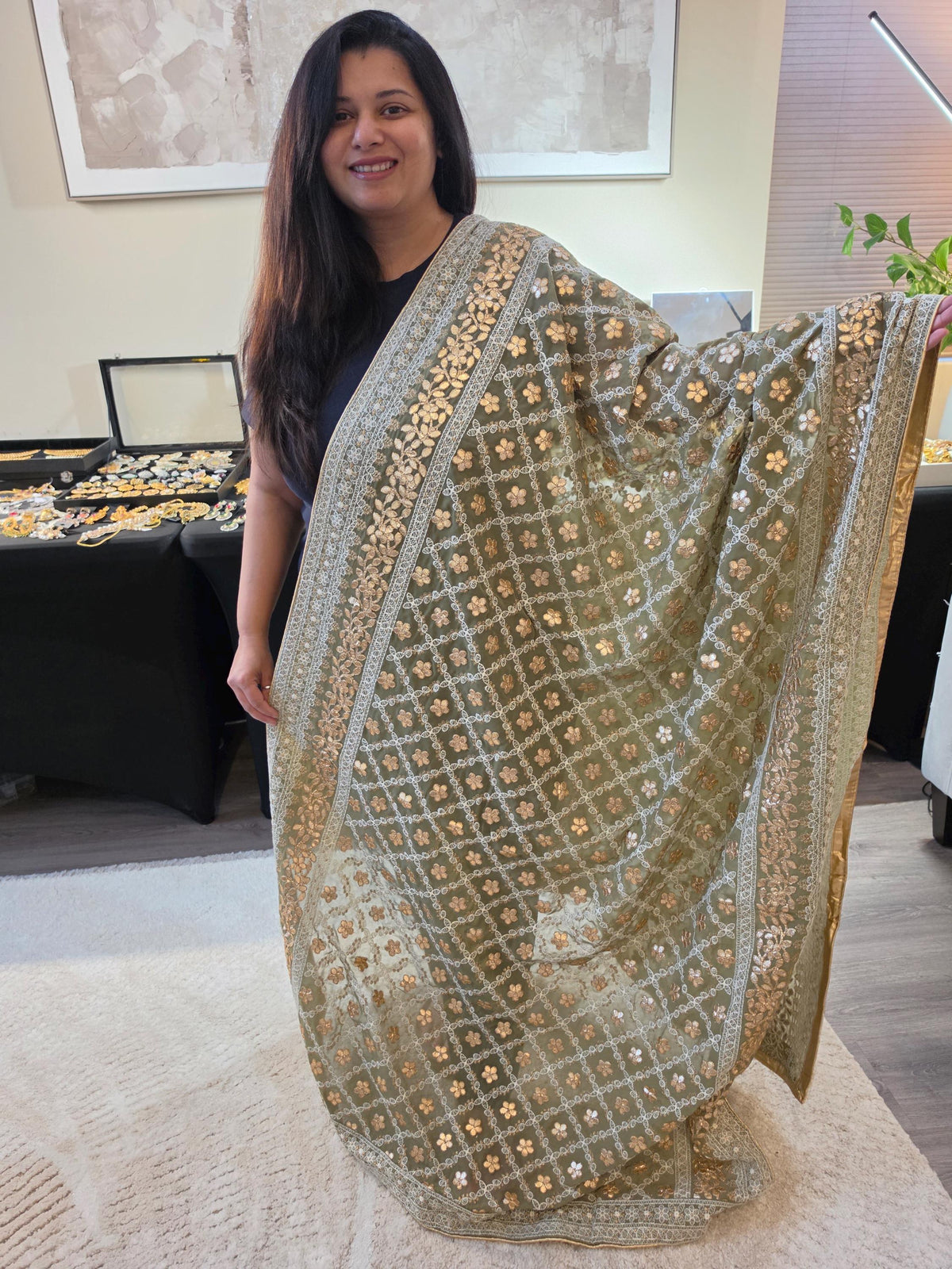 Olive Green Georgette Dupatta: Lucknowi Embroidery, Gotta Patti Work