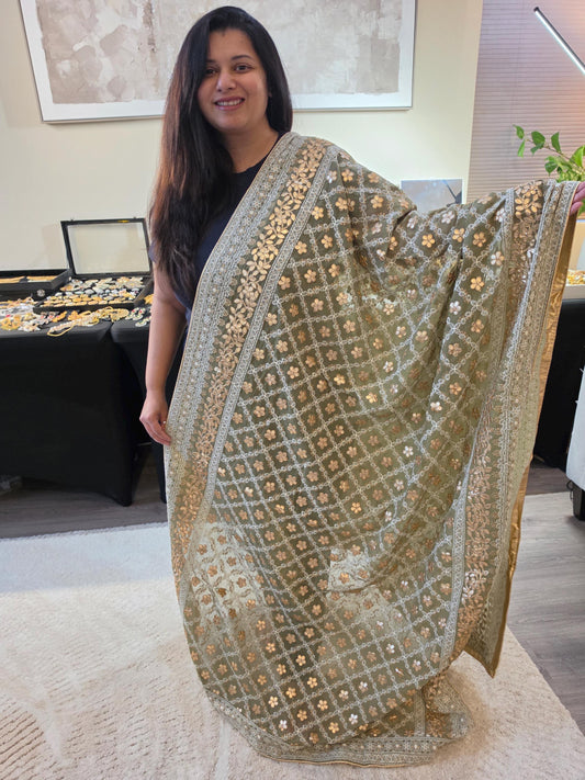 Olive Green Georgette Dupatta: Lucknowi Embroidery, Gotta Patti Work
