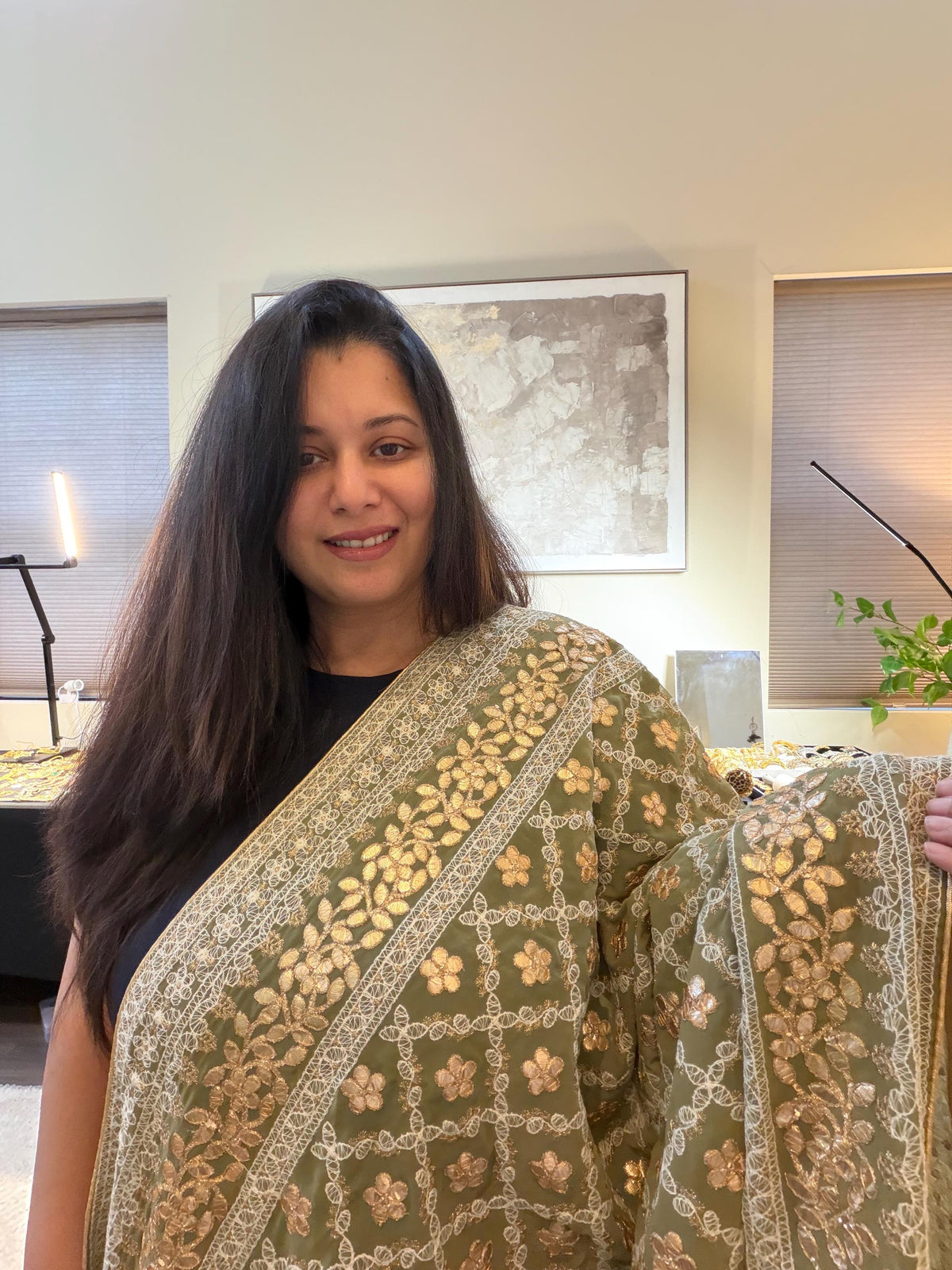 Olive Green Georgette Dupatta: Lucknowi Embroidery, Gotta Patti Work